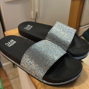 Sparkly Silver Black Sandals with Shimmery Strap
